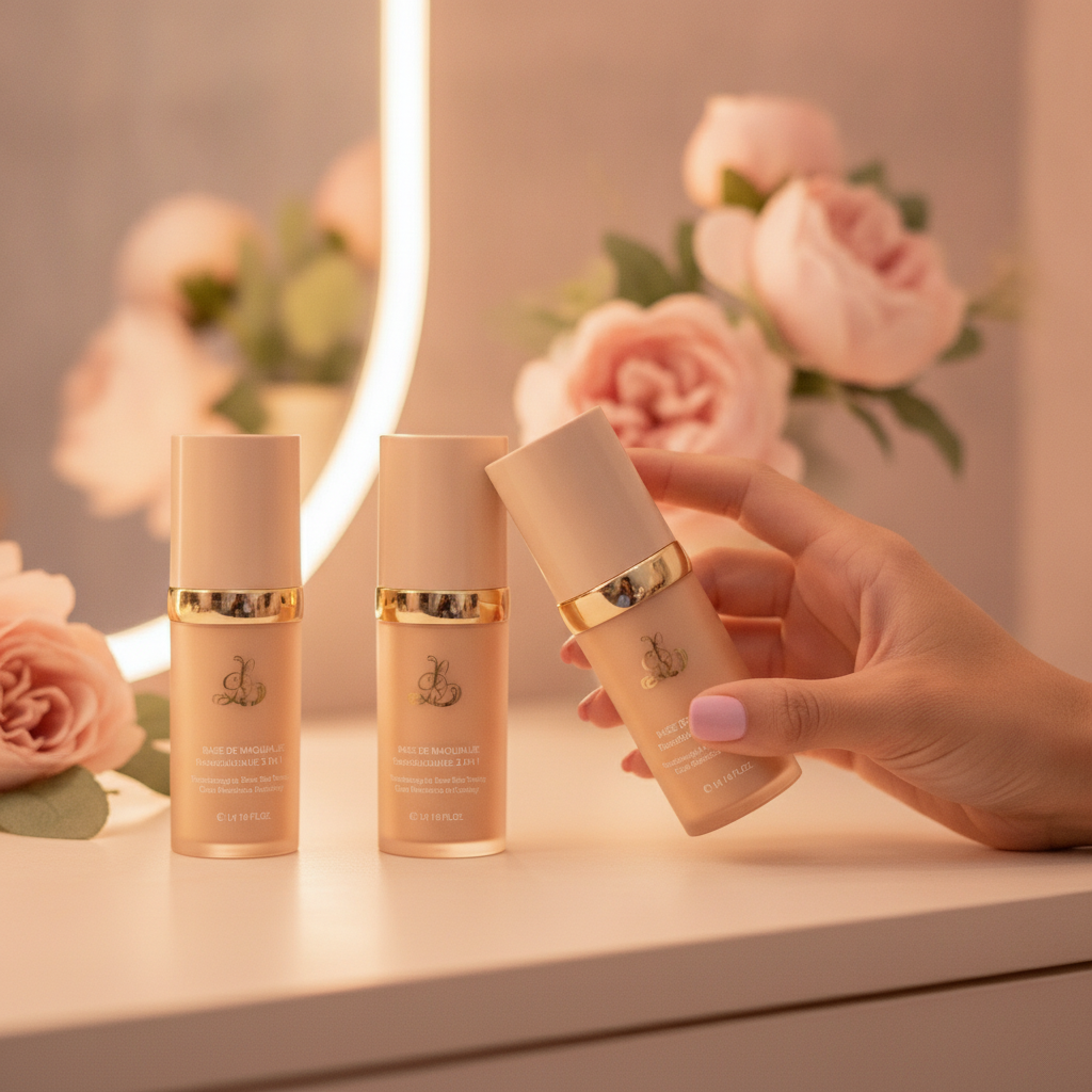 Three bottles of BASE DE MAQUILLAJE 5 EN 1 foundation on a warm cream vanity, with a hand reaching for one bottle, soft flora