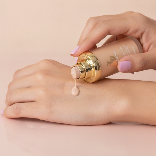 Close-up of foundation drop blending into a woman's hand, showing encapsulated pigments diffusing into skin for a natural fin