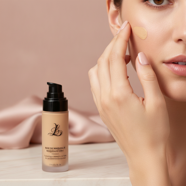 A Spanish woman's hand applies foundation to her cheek, showing a natural, radiant blend. The product bottle is in the soft-f