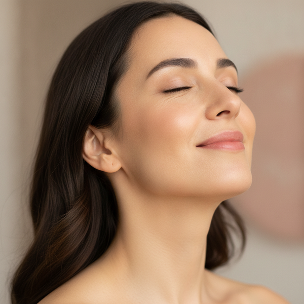 Close-up of a smiling Spanish woman, eyes closed, enjoying a moment of comfort. Her skin looks natural, luminous, and breatha