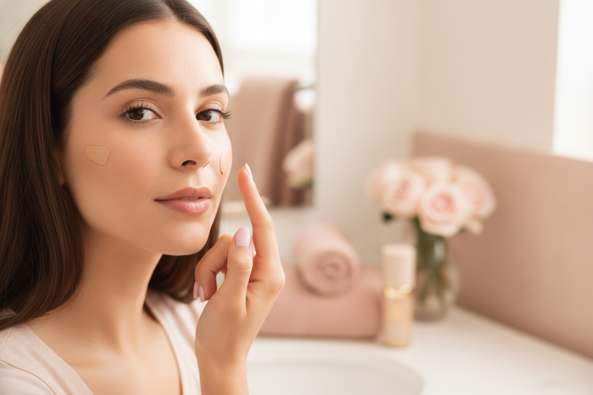 Spanish woman with glowing skin, applying 'BASE DE MAQUILLAJE 5 EN 1' to her cheek in a soft-focus bathroom.